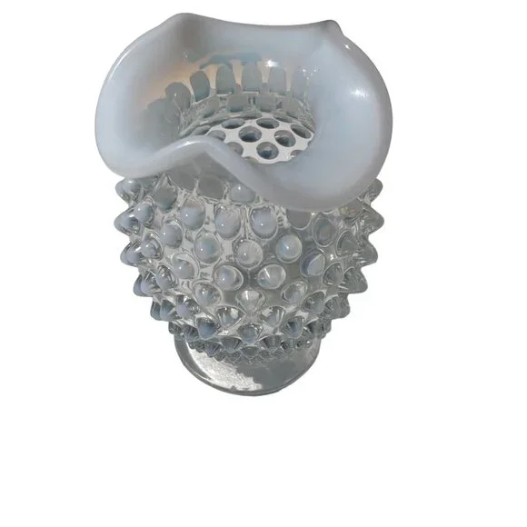 Fenton Vintage White Hobnail Opalescent Milk Glass Vase Petite Ruffled Edge Deco